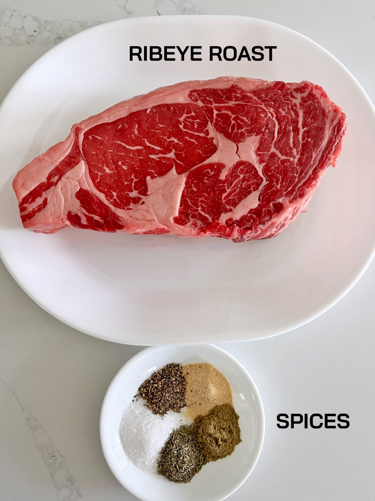 The ingredients needed to make a ribeye roast.
