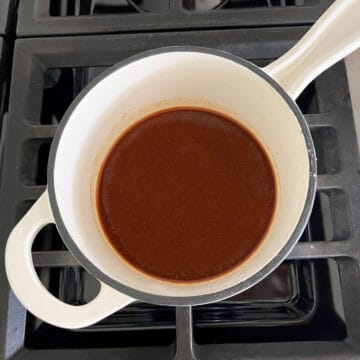 Teriyaki sauce in a saucepan at the start of cooking.