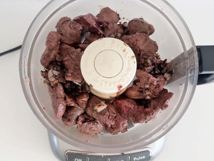 Livers and shallots in the food processor.