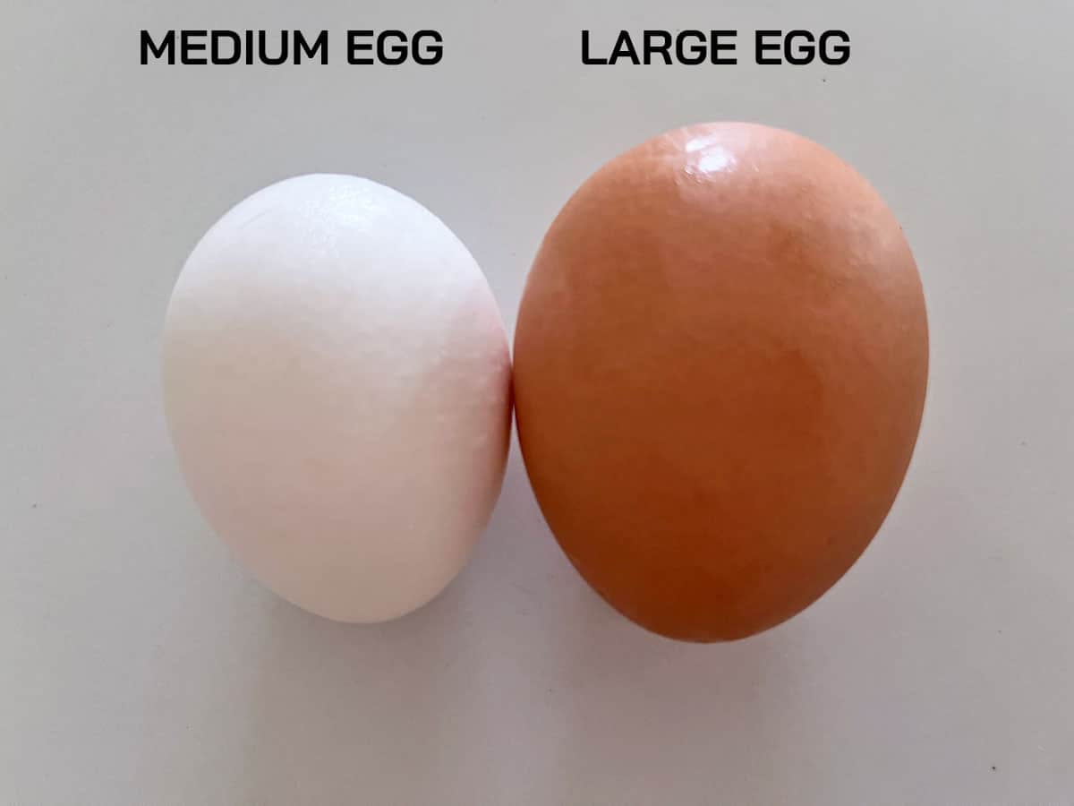 A medium and a large egg on the counter.