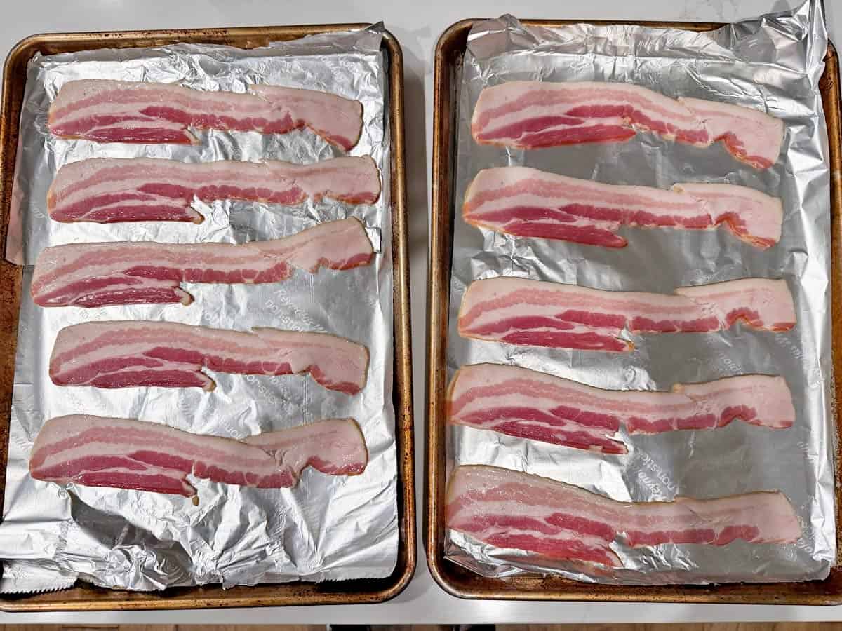 Using two pans to bake 12 ounces of bacon.