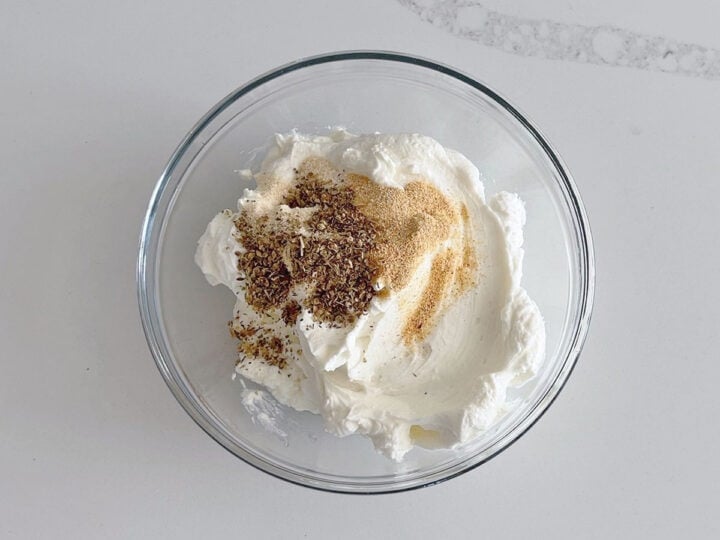 The dip ingredients were added to a bowl.