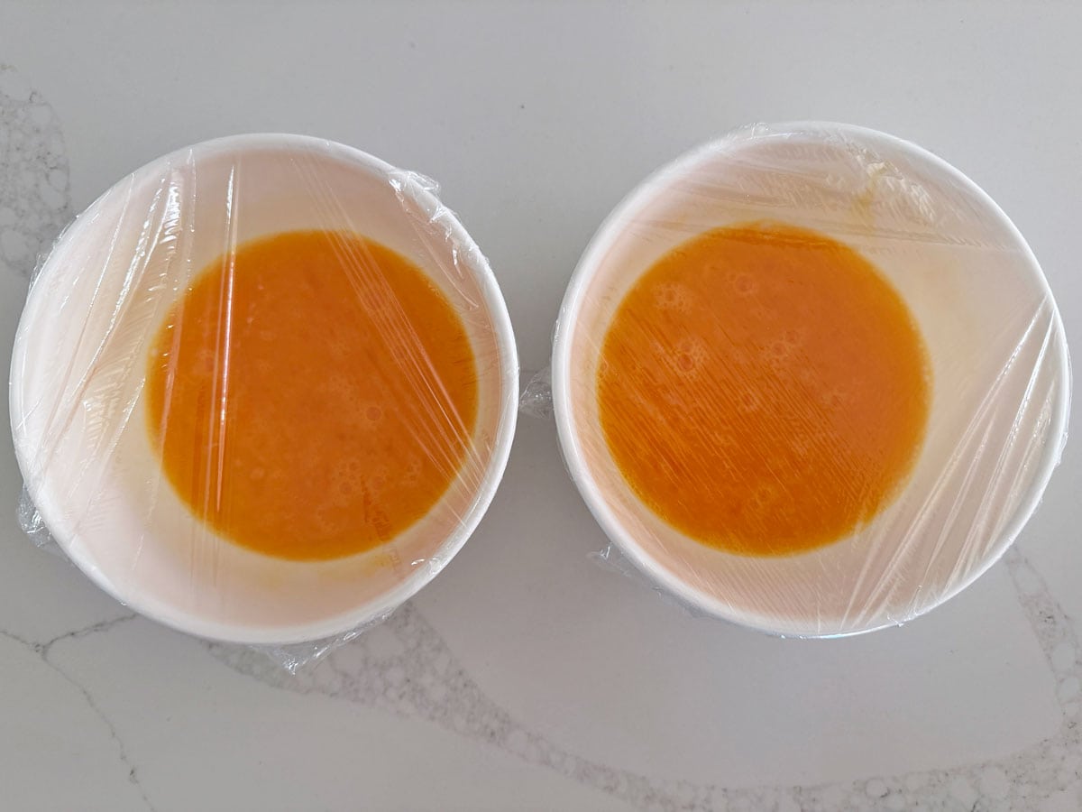The eggs were premixed and are covered in cling wrap.
