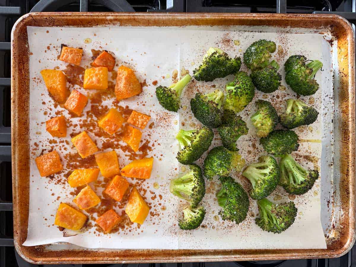 Roasting broccoli and butternut squash in the same pan.