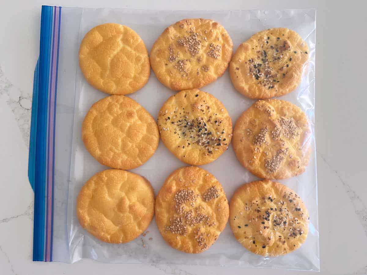Cloud bread is stored in a Ziploc bag.