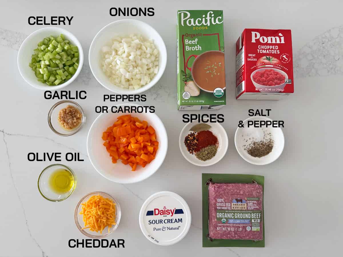 The ingredients needed to make hamburger soup.