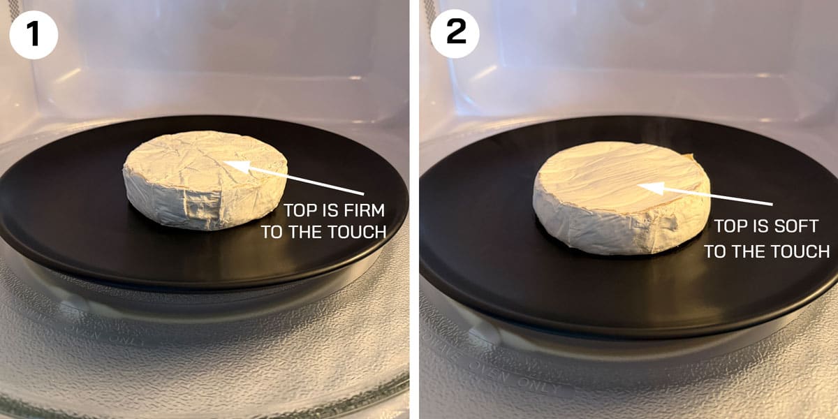 A two-photo collage showing how to "bake" brie in the microwave.