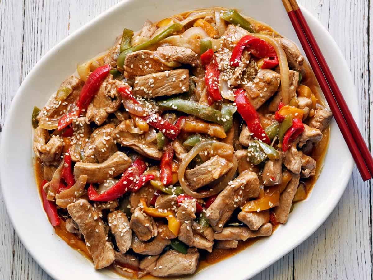 Pork stir fry made with frozen veggies.