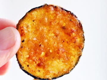 A zucchini chip is held in the air.