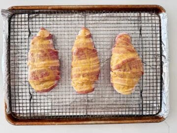 The bacon wrapped chicken was coated with a honey-mustard glaze.