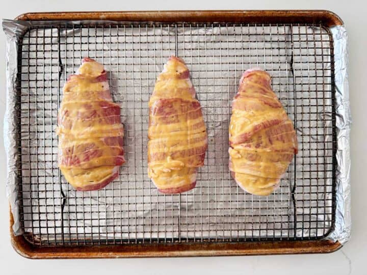 The bacon wrapped chicken was coated with a honey-mustard glaze.