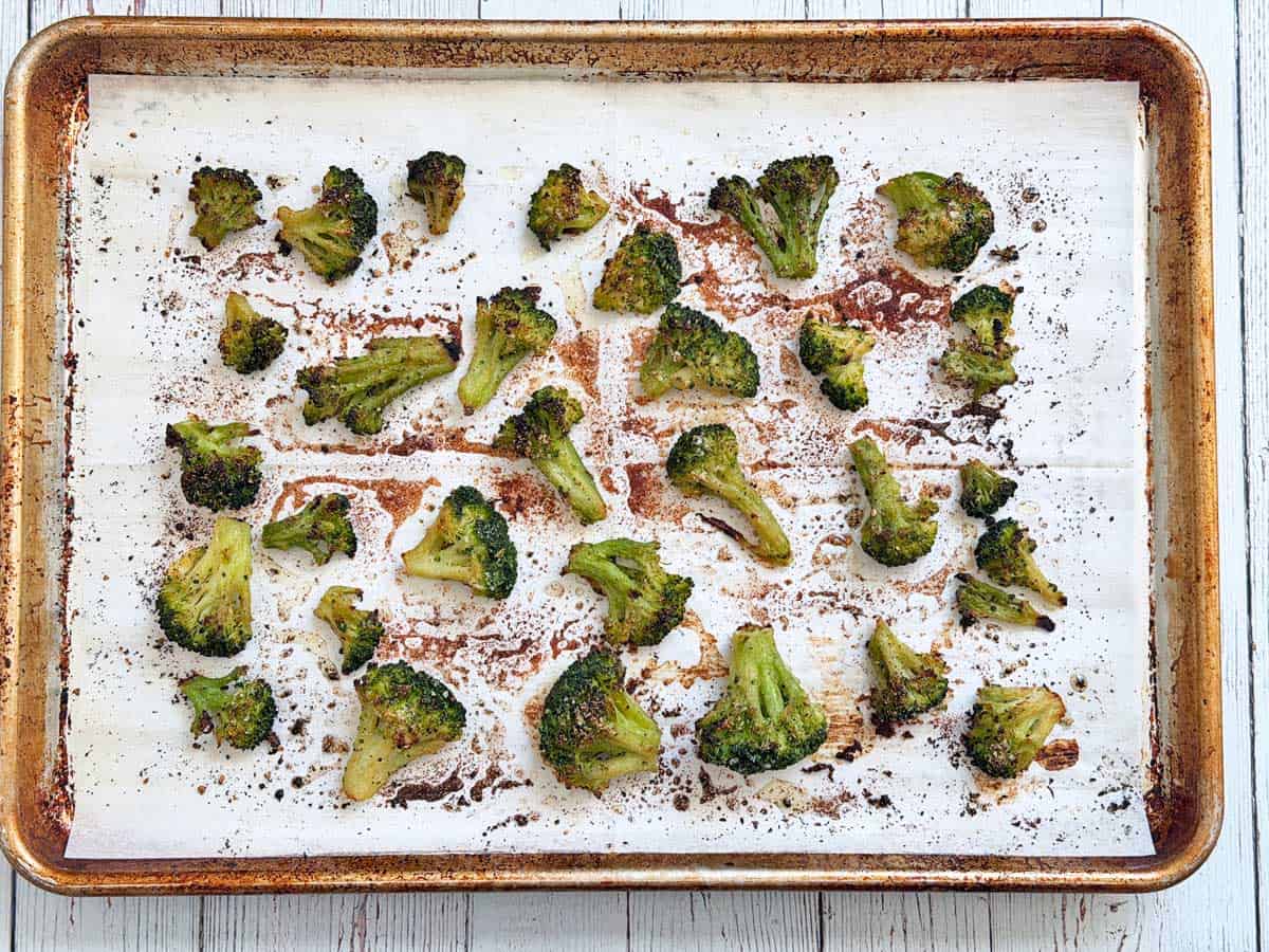 Roasted frozen broccoli is ready in the pan.